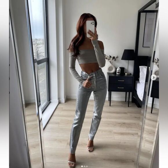 Zara NWT Viral Silver Coated High Rise Jeans Size 6 Sold Out Online Bloggers Fav - Picture 11 of 11